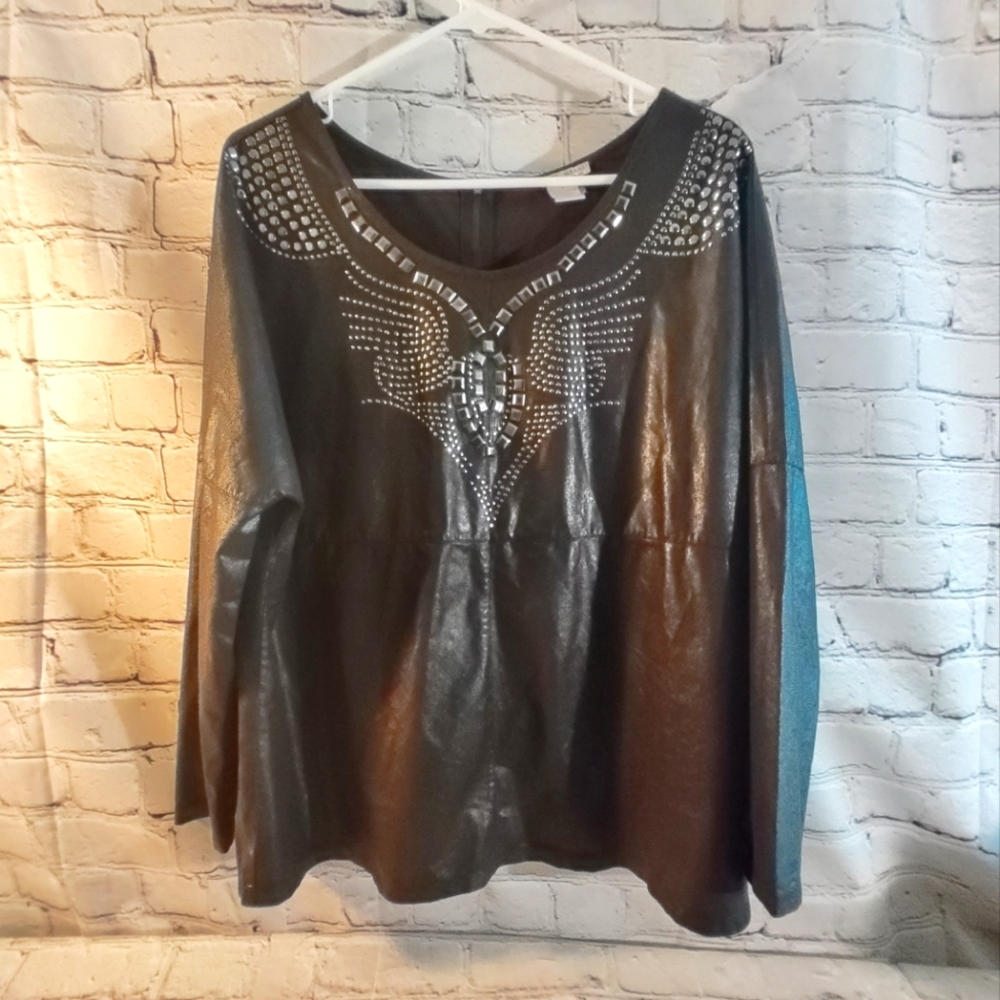 Alberto Makali Black Faux Leather Biker Tunic Black Studded Embellished Top L